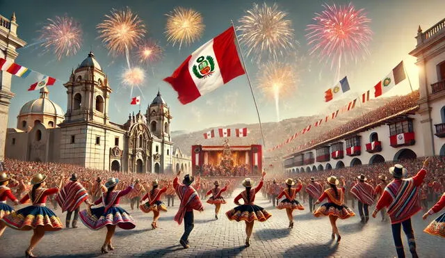 Las Fiestas Patrias en Perú incluyen desfiles y ceremonias que resaltan la riqueza cultural y la historia del país, celebradas cada 28 y 29 de julio. Foto: Dall - E