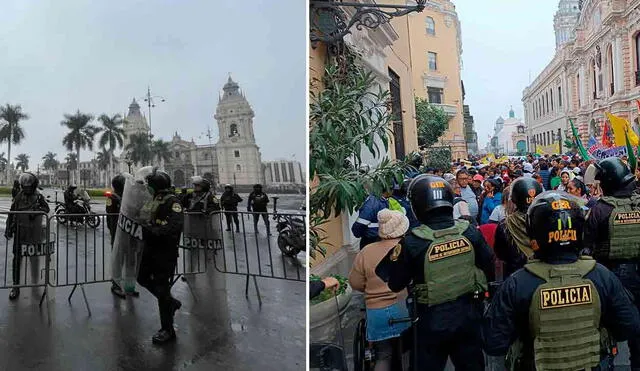 Cierran Plaza de Armas con rejas. A pesar de ello, los ciudadanos continuaron protestando por el Centro Histórico de Lima. Foto: composición LR/Andina