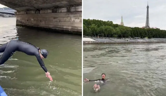 La ministra de Deporte de Francia, Amélie Oudéa-Castéra, nadó en el río Sena para demostrar su aptitud para los Juegos Olímpicos de París 2024. Foto: composición LR/@AOC1978/Twitter