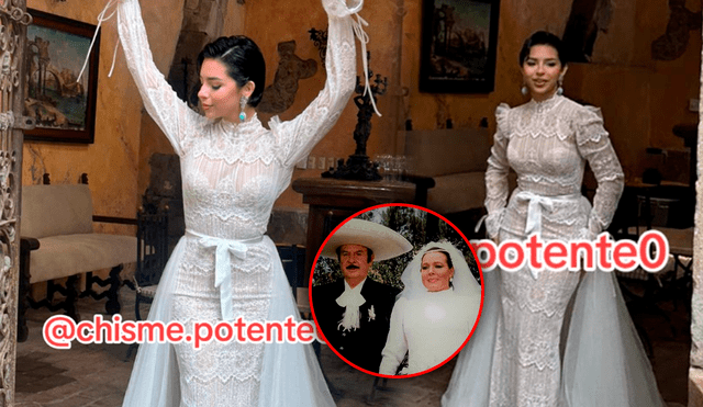 Ángela Aguilar y su costoso vestido que utilizó en su boda con Christian Nodal. Foto: composición LR/TikTok