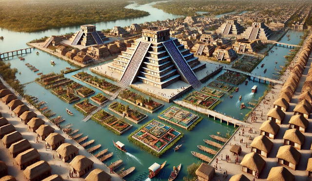 Conoce a Tenochtitlán, la ciudad que fue construida sobre una isla en el lago de Texcoco, lo que la convertía en una fortaleza natural y un centro de comercio estratégico. Foto: DALL.E