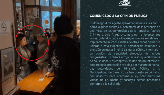 La congresista Chirinos respondió a los gritos con un gesto obsceno. Foto: difusión/La Noche de Barranco