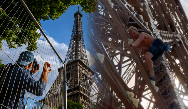 Sujeto subió por la Torre Eiffel sin ayuda de cuerdas, ni arnés y con el torso desnudo. Foto: AFP/Twitter