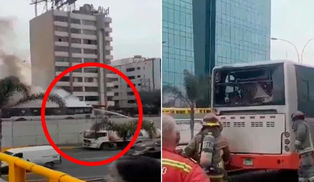 Los bomberos y la Policía actuaron rápidamente para controlar el incendio del bus del Corredor Rojo en plena av. Javier Prado, San Borja.  Foto: composición LR/captura ATV