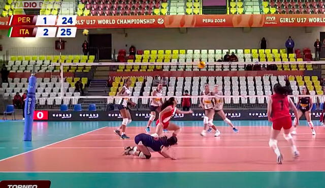 Perú cayó 3-1 ante Italia en el Polideportivo de Villa El Salvador en amistoso de preparación para el Mundial de Vóley Sub-17. Foto: captura de TV Perú