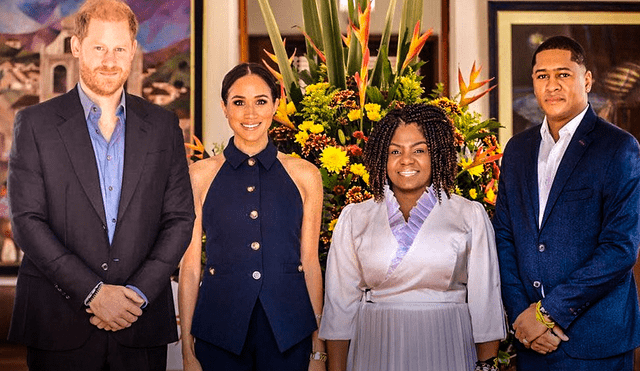 El príncipe Harry y Meghan Markle junto a la vicepresidenta Francia Márquez en su llegada a Bogotá. Foto: X de Presidencia de Colombia