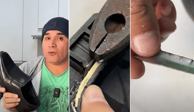 Peruano exploró el interior de unos zapatos importados y se sorprendió al encontrar una placa metálica. Foto: composición LR (YouTube/Dilo Nomás).