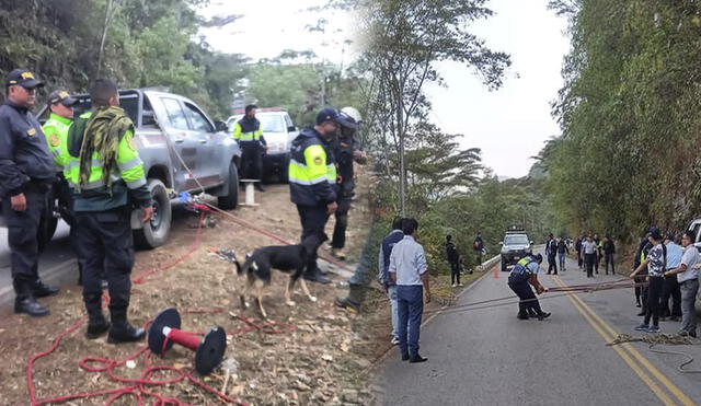 Agentes de la PNP realizan denodados esfuerzos para rescatar cuerpos en la Carretera Central. Foto: composición LR/Claudia Beltrán/Radio Antani