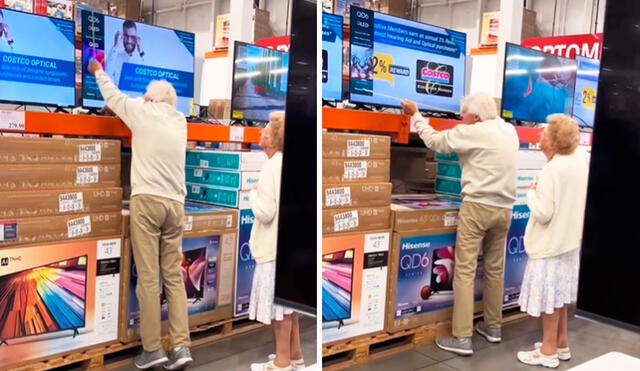 La pareja de adultos mayores quiso medir el tamaño de la pantalla antes de comprar su próximo televisor para asegurarse de que entrara en el lugar asignado. Foto: composición LR/TikTok