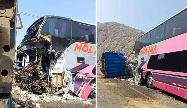 El siniestro ocurrió en el kilómetro 52, donde el bus de la empresa Molina Unión colisionó con un camión. Foto: La República