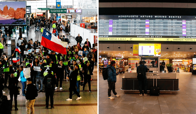 A días de las Fiestas Patrias, trabajadores del aeropuerto de Santiago inician una huelga indefinida que podría afectar el movimiento de 728.000 pasajeros durante el "Feriado XL". Foto: @agenciaunochile/Twitter