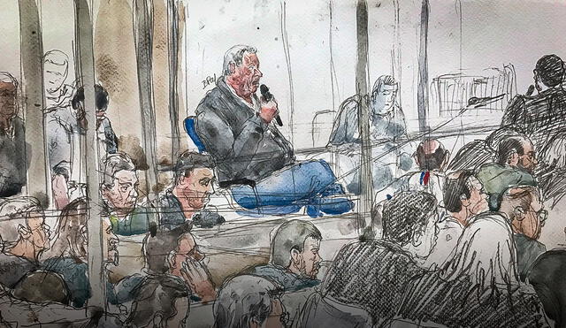 Creado el 17 de septiembre de 2024, este dibujo representa a Dominique Pelicot en el juicio. Foto: Benoit Peyrucq/AFP