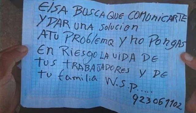 Las señoras del comedor Señor de los Milagros han recibido varias amenazas a través de WhatsApp y de notas escritas, en las que les piden comunicarse y pagar la extorsión.  Foto: Difusión