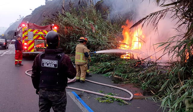 Al menos cinco unidades del Cuerpo General de Bomberos llegaron al lugar para controlar y extinguir el incendio en la Costa Verde. Foto: Seguridad Ciudadana de Chorrillos.