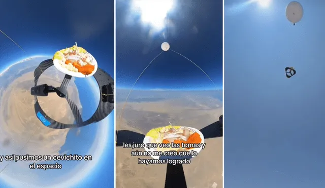 El equipo de Mauricio Velarde utilizó un globo de helio para elevar el ceviche a más de 30.000 metros de altura. Foto: composición LR/captura/TikTok/Limaalplato