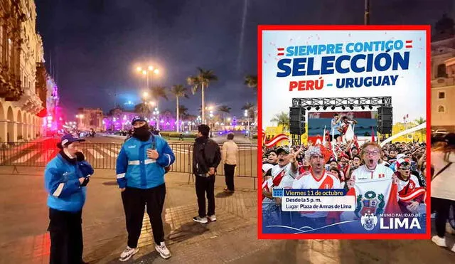 A pesar de que la Municipalidad de Lima invitó a los ciudadanos a llegar desde las 5.00 p.m., el ingreso a la plaza solo se permitirá a partir de las 8.30 p.m. por orden del Serenazgo. Foto: composición LR/Grace Mora/MML