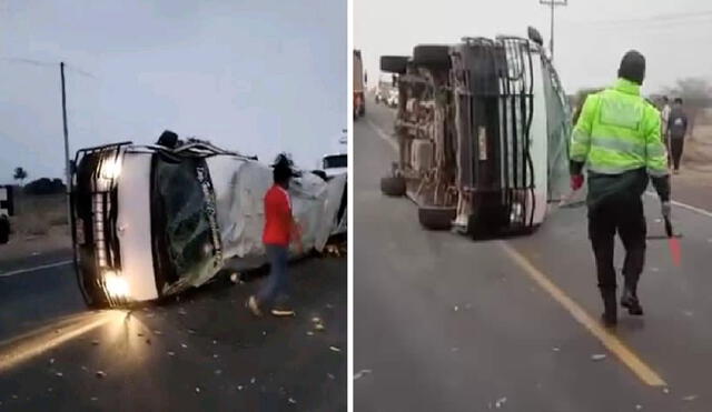 Combi quedó volteada en plena carretera. Al parececer habría intentado adelantar a un trailer. Foto: Noticias Lambayeque