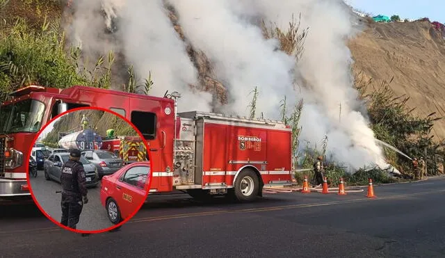 Incendio en la Costa Verde, frente a la playa Agua Dulce en el distrito de Chorrillos. Foto: composición LR/Municipalidad de Chorrillos.