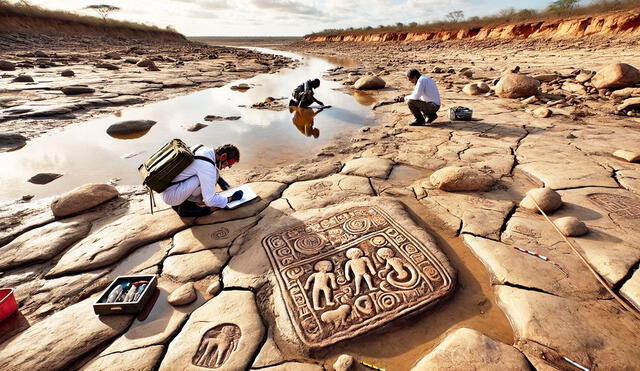 Los grabados rupestres, de entre 1.000 y 2.000 años, hallados en Ponta das Lajes, han despertado el interés de arqueólogos, quienes buscan su significado cultural y social. Foto: DALL E.