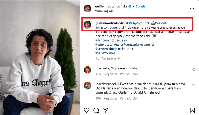 Guillermo Dávila reposteó la publicación de su hijo anunciando concierto en favor de su madre, Jessica Madueño. Foto: Instagram.   