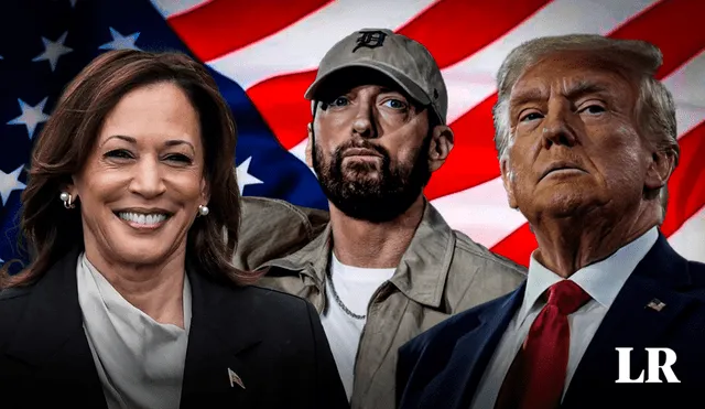 Eminem se presenta en Detroit para apoyar a Kamala Harris, destacando la importancia de Michigan en las próximas elecciones presidenciales de EE.UU. Foto: Composición LR