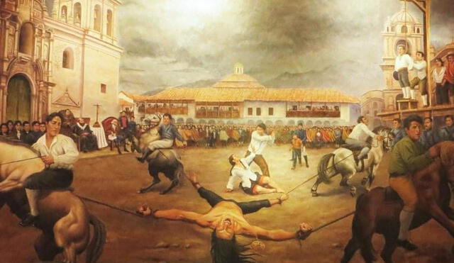 El 17 de mayo de 1781, en la Plaza de Armas del Cusco, a Túpac Amaru II quisieron descuartizarlo vivo atando sus extremidades a cuatro caballos, pero esto fracasó.  Fuente: BNP.