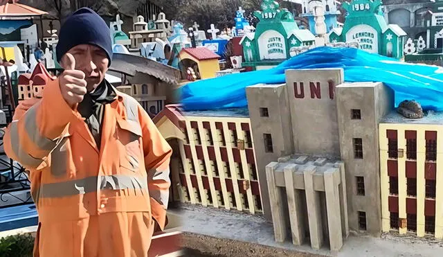 Cementerio posee varias réplicas de colegios, instituciones policiales, entre otros. Foto: composición LR/@christianbayro6/TikTok - Video: @christianbayro6/TikTok