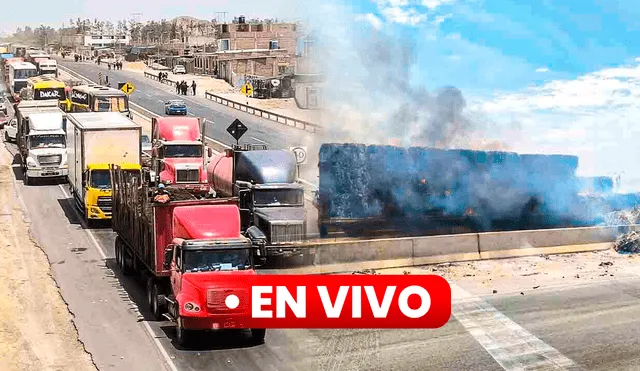 El bloqueo en la Panamericana Norte interrumpe el tránsito y deja varados a buses y vehículos particulares. Foto: composición LR/Rosa Quincho