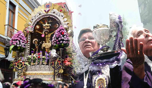 La imagen Señor de los Milagros es llevada en andas por la Hermandad del Señor de los Milagros de las Nazarenas. Foto: composición LR/Andina