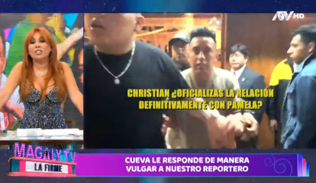 Christian Cueva fue abordado por un 'Urraco' de 'Magaly TV, la firme' después de haber besado a Pamela Franco, quien le preguntó si oficializaba su relación. Foto: Captura ATV