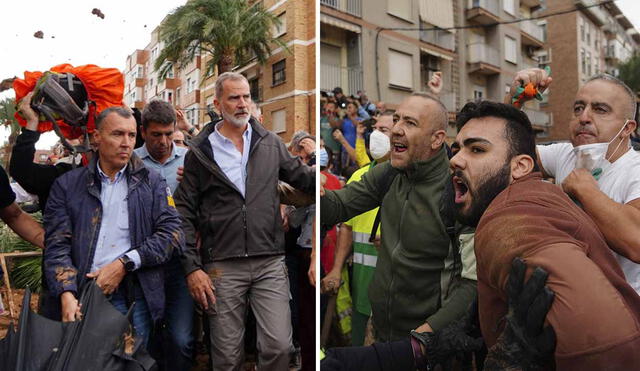 Los reyes Felipe VI y Letizia intentaron dialogar con la gente en Paiporta, pero el clima hostil forzó su retirada. “La situación es insostenible”, dijo un vecino visiblemente afectado. Foto: composición LR/AFP