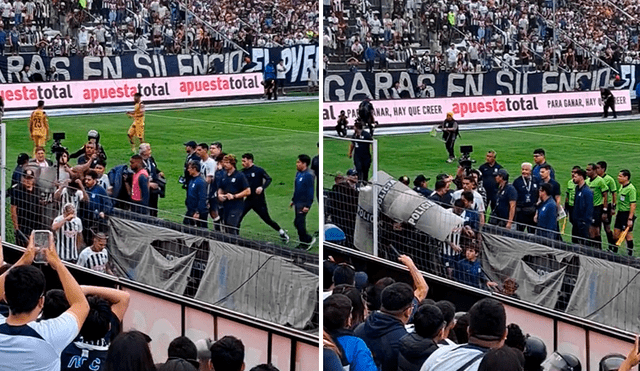 Los efectivos policiales tuvieron que resguardar a los jugadores de Alianza Lima mientras se retiraban a los camerinos. Foto: composición LR/TikTok de Walter Díaz