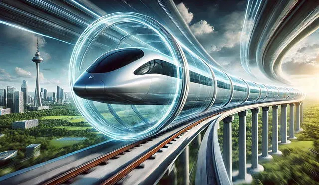 La cápsula de vacío Hyperloop impulsa velocidades proyectadas de 488 km/h gracias a un motor de inducción lineal que optimiza energía y costos. Además, su diseño minimiza la fricción, permitiendo trayectos más rápidos y eficientes. Foto: Dall.E