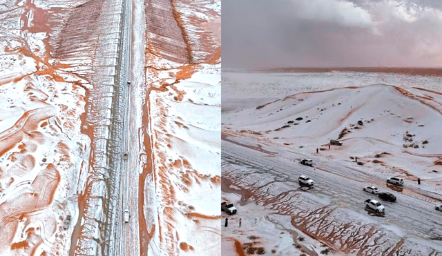 Arabia Saudita enfrente la primera nevada en su historia, en un paisaje invernal en Al-Jawf. Foto: X