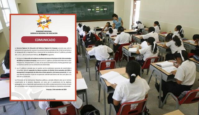 Comunicado de la Gerencia Regional de Educación de Arequipa detalla cómo se acatará la suspensión de clases. Foto: composición LR/GREA