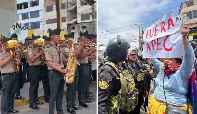 Banda de la PNP frente a manifestantes. Foto: composición LR