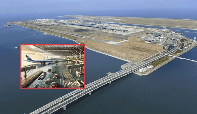 Este megaaeropuerto se encuentra en medio de dos islas artificiales y sobre la Bahía de Osaka, Japón. Foto: composición LR/Xataka/chatgpt