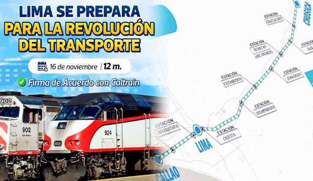 La firma del acuerdo entre la MML y la empresa de EE. UU., Caltrain, se realizó este domingo 16 de noviembre para la entrega de vagones y locomotoras a Perú. Foto: composición LR/MML