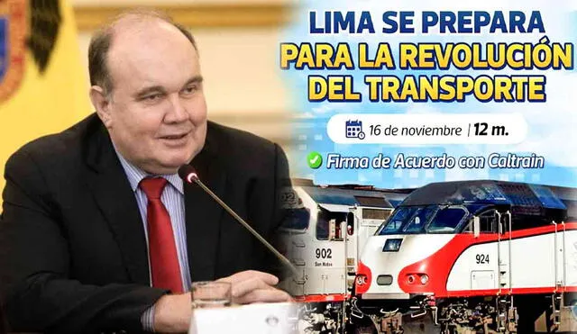 La firma del acuerdo entre la MML y la empresa de EE. UU., Caltrain, se realizó este domingo 16 de noviembre para la entrega de vagones y locomotoras a Perú. Foto: composición LR/MML