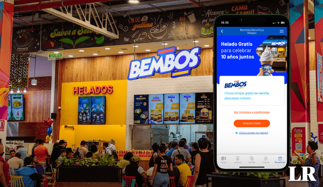 Son 126 tiendas de Bembos a nivel de todo Perú que brindan helados gratis usando el código de Entel. Foto: composición LR/Perú Retail/Entel