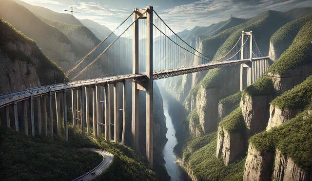 Programado para completarse en 2025, el puente más alto del mundo mejorará significativamente el transporte en Guizhou y estimulará el turismo, atrayendo visitantes a la famosa cascada de Huangguoshu. Foto: DALL. E