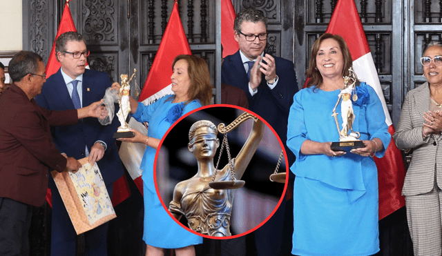 Dina Boluarte recibe estatua de la Justicia en Palacio y comenta: "Está ciega, le quitaremos la venda". | Composición: LR / Fotos: Minedu.