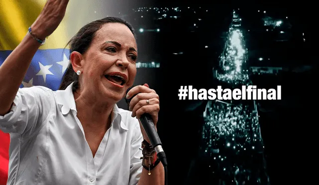 María Corina Machado. El mensaje de #HastaElFinal se centra en la resistencia y la necesidad de unidad entre los venezolanos. Foto: Composición LR/AFP/X.