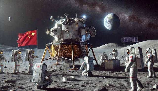 La Agencia Espacial Tripulada de China presenta avances en su misión lunar, mostrando actividades en la superficie lunar a través de un vídeo animado. Foto: DALL E.