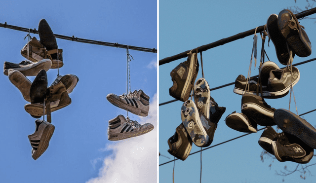 Colocar colgando zapatillas en cables eléctricos o telefónico puede tener varios significados. Foto: composición LR/Difusión