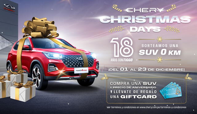 La campaña "Chery Christmas Days", ofrece la oportunidad de ganar una SUV Tiggo 4 Pro 0 KM. Fuente: Difusión.