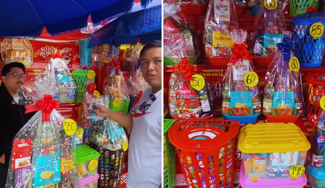 El youtuber peruano visitó un mercado en Santa Anita y encontró una variedad de canastas navideñas con precios que van desde los S/35 hasta los S/550. Foto: composición LR/YouTube/JulioTV