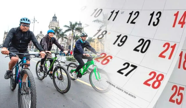 Trabajadores peruanos paseando en bicicleta este 6 de diciembre día no laborable en Perú. Composición LR/Andina.