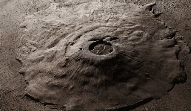 Vista orbital del volcán Olympus Mons, tres veces más alto que el Everest y tan ancho como Francia. Foto: National Geographic.