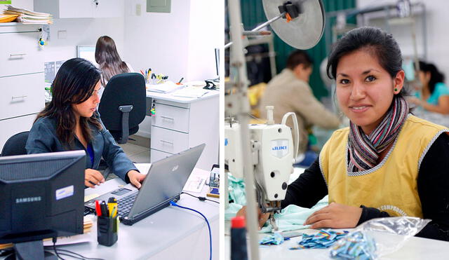 Mujeres peruanas trabajando en una oficina y en un taller de confección. Foto: Composición LR/Andina.